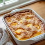 Classic Peach Cobbler in a white rectangular dish on a wooden counter in a modern kitchen