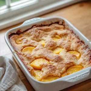 Classic Peach Cobbler in a white rectangular dish on a wooden counter in a modern kitchen