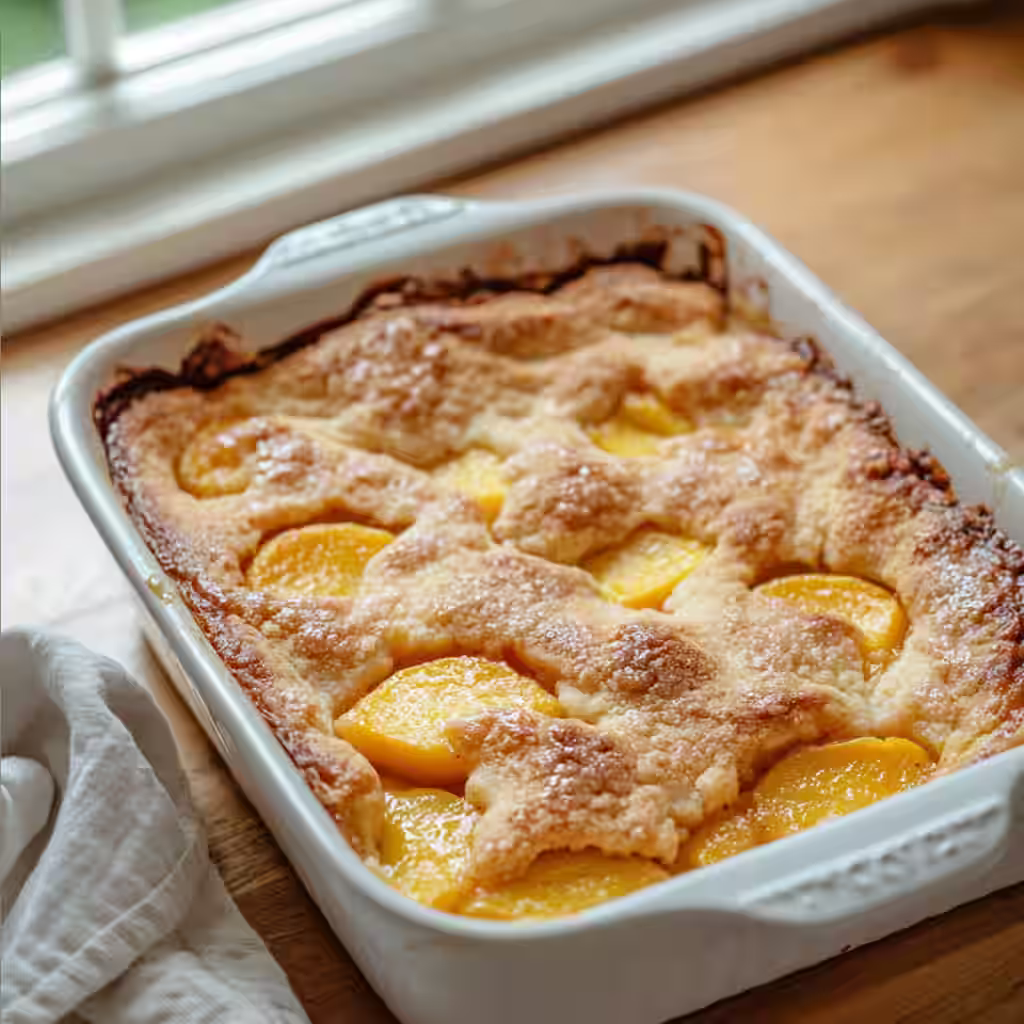 Classic Peach Cobbler in a white rectangular dish on a wooden counter in a modern kitchen