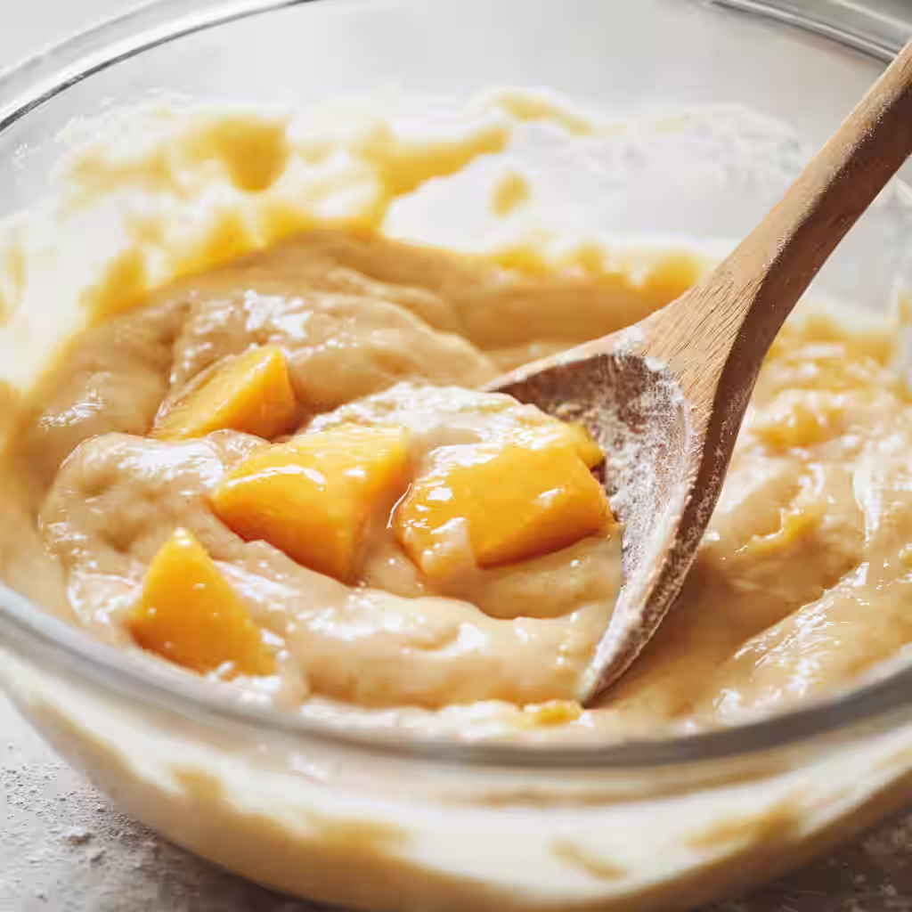  Batter for Classic Peach Cobbler in a white bowl on a wooden counter in a modern kitchen