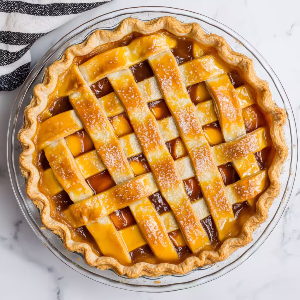 Golden homemade peach pie with a flaky lattice crust in glass dish