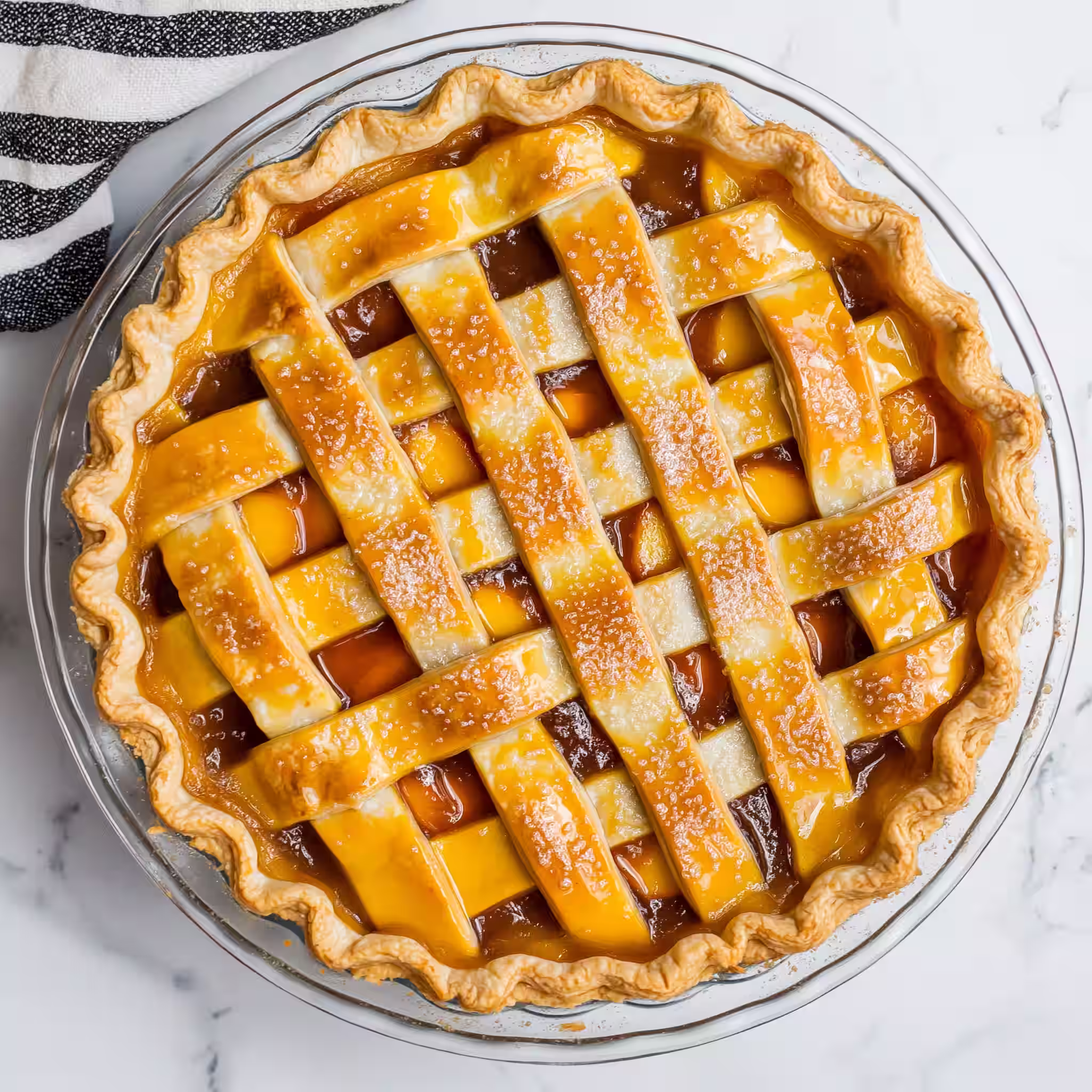Golden homemade peach pie with a flaky lattice crust in glass dish