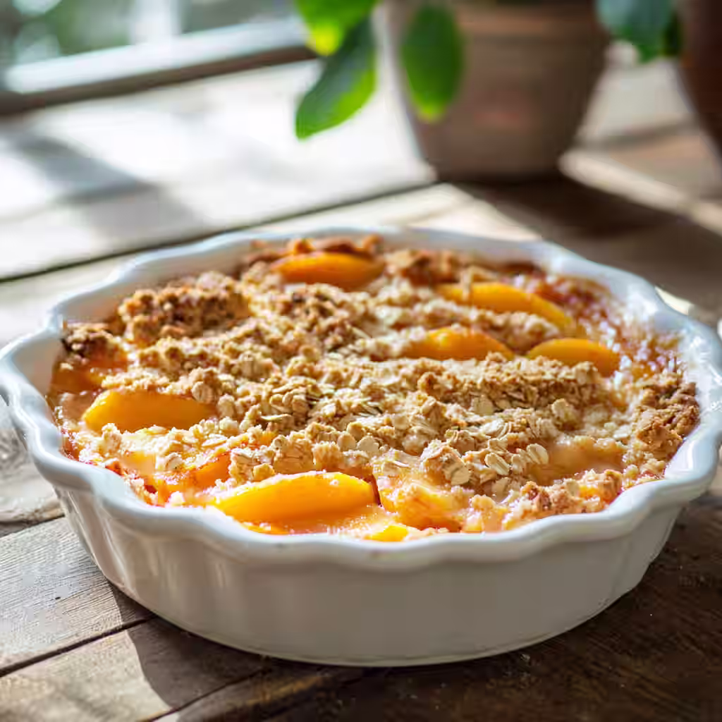 Peach crisp fresh out of the oven in white ceramic baking dish