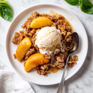 Overhead view of peach crisp with oat topping and vanilla ice cream on white plate
