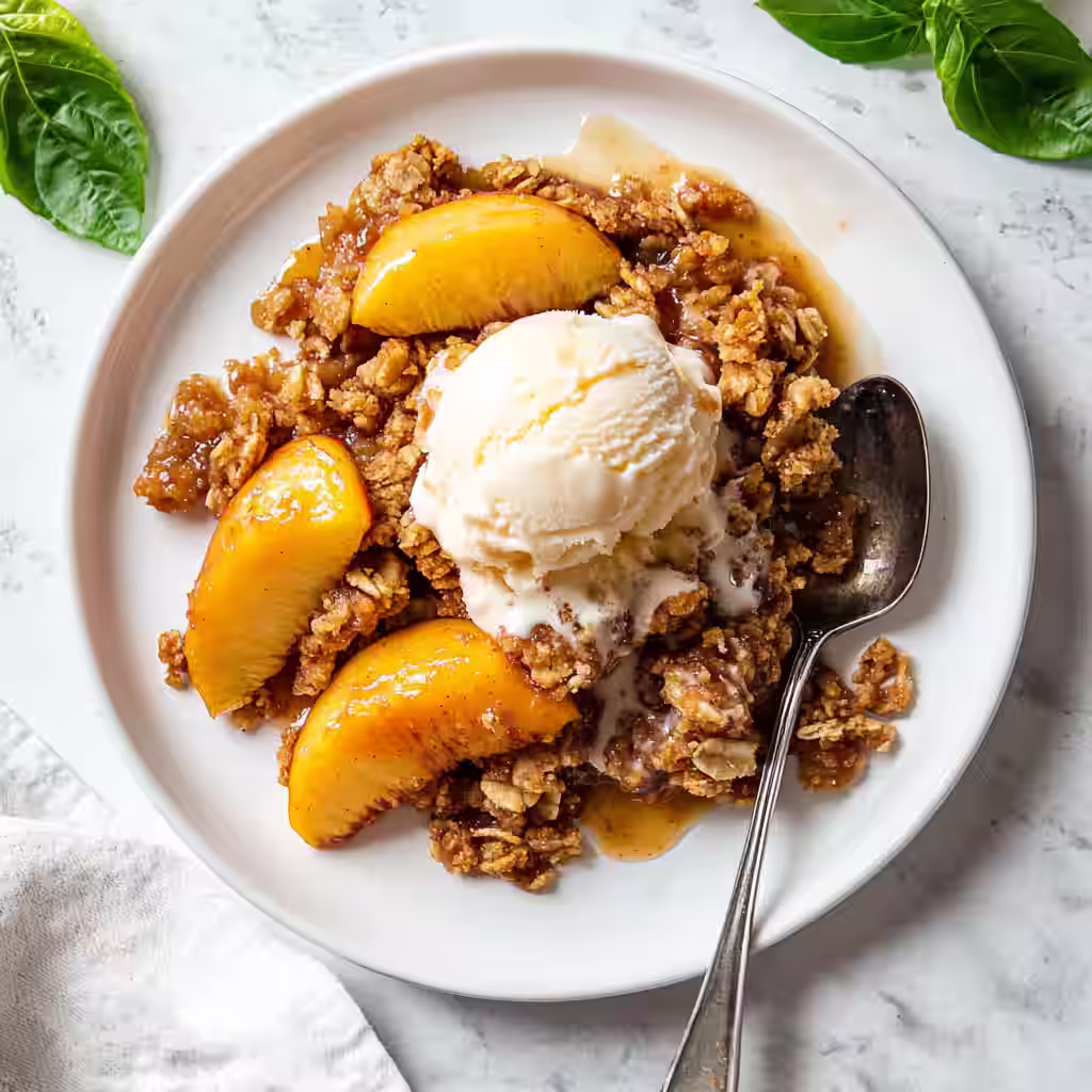 Overhead view of peach crisp with oat topping and vanilla ice cream on white plate