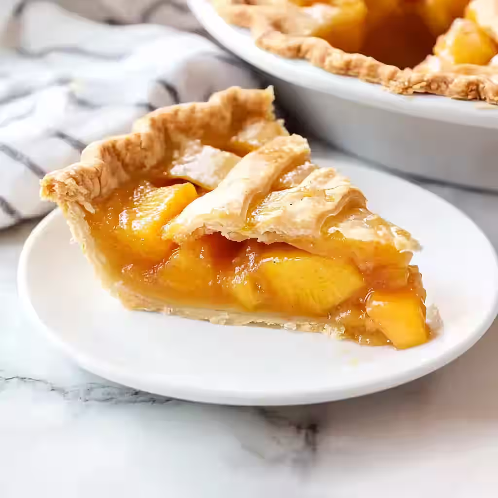 Close-up of a peach pie slice showing golden flaky crust and fresh peach filling