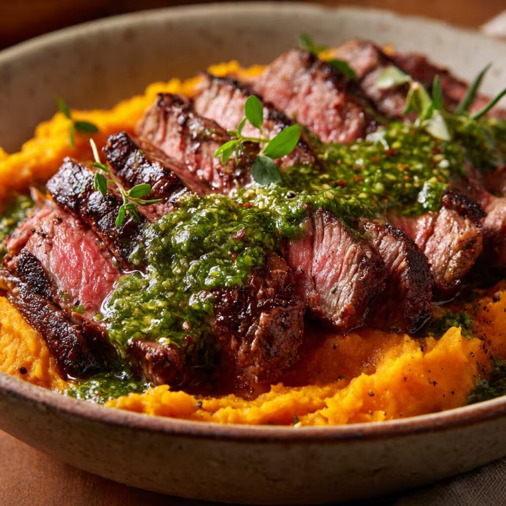 Steak with Green Sauce and Mashed Sweet Potatoes