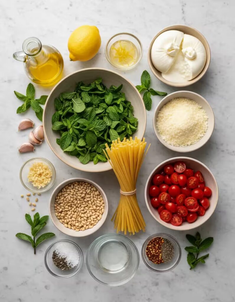 Spring-Inspired Pasta with Mint Pesto and Burrata Ingredients