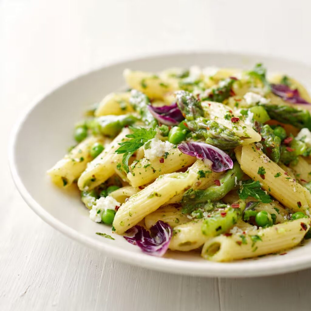 Spring Pasta with Leek & Pea Sauce and Fresh Burrata